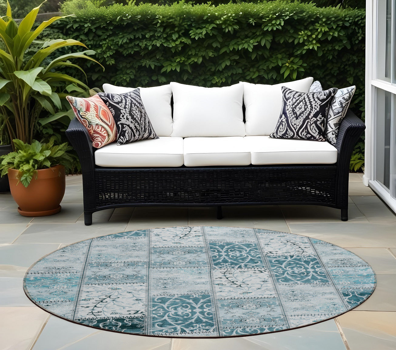 8 Round Teal Round Patchwork Washable Non Skid Indoor Outdoor Area Rug