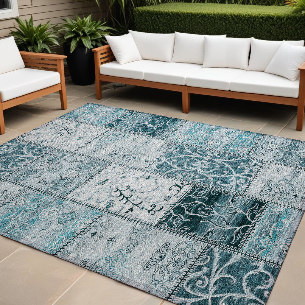 10 X 14 Teal Patchwork Washable Non Skid Indoor Outdoor Area Rug