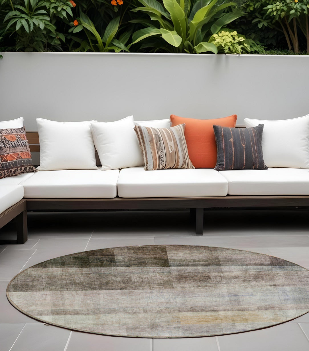 8 Round Brown Round Ombre Washable Non Skid Indoor Outdoor Area Rug