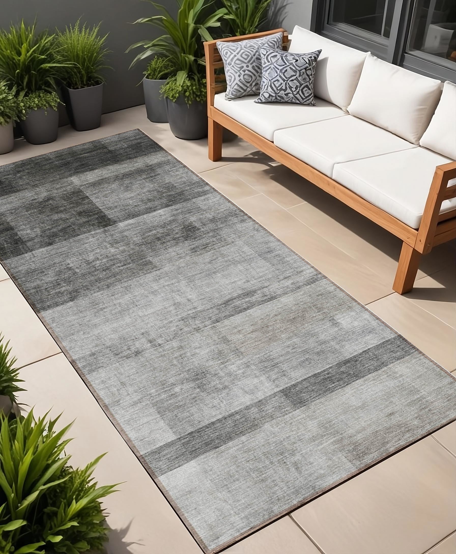 8 Runner Gray Ombre Washable Non Skid Indoor Outdoor Runner Rug