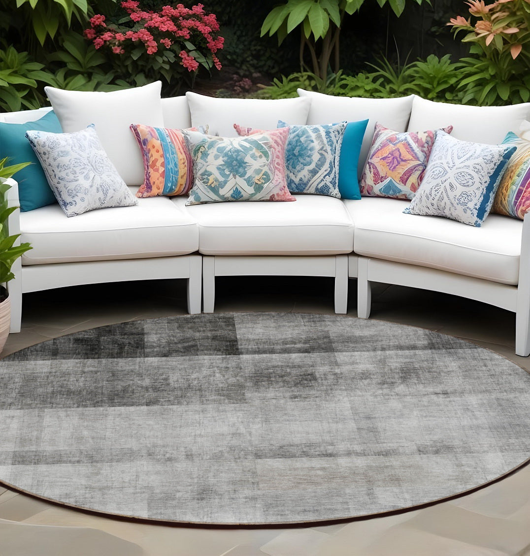 8 Round Gray Round Ombre Washable Non Skid Indoor Outdoor Area Rug