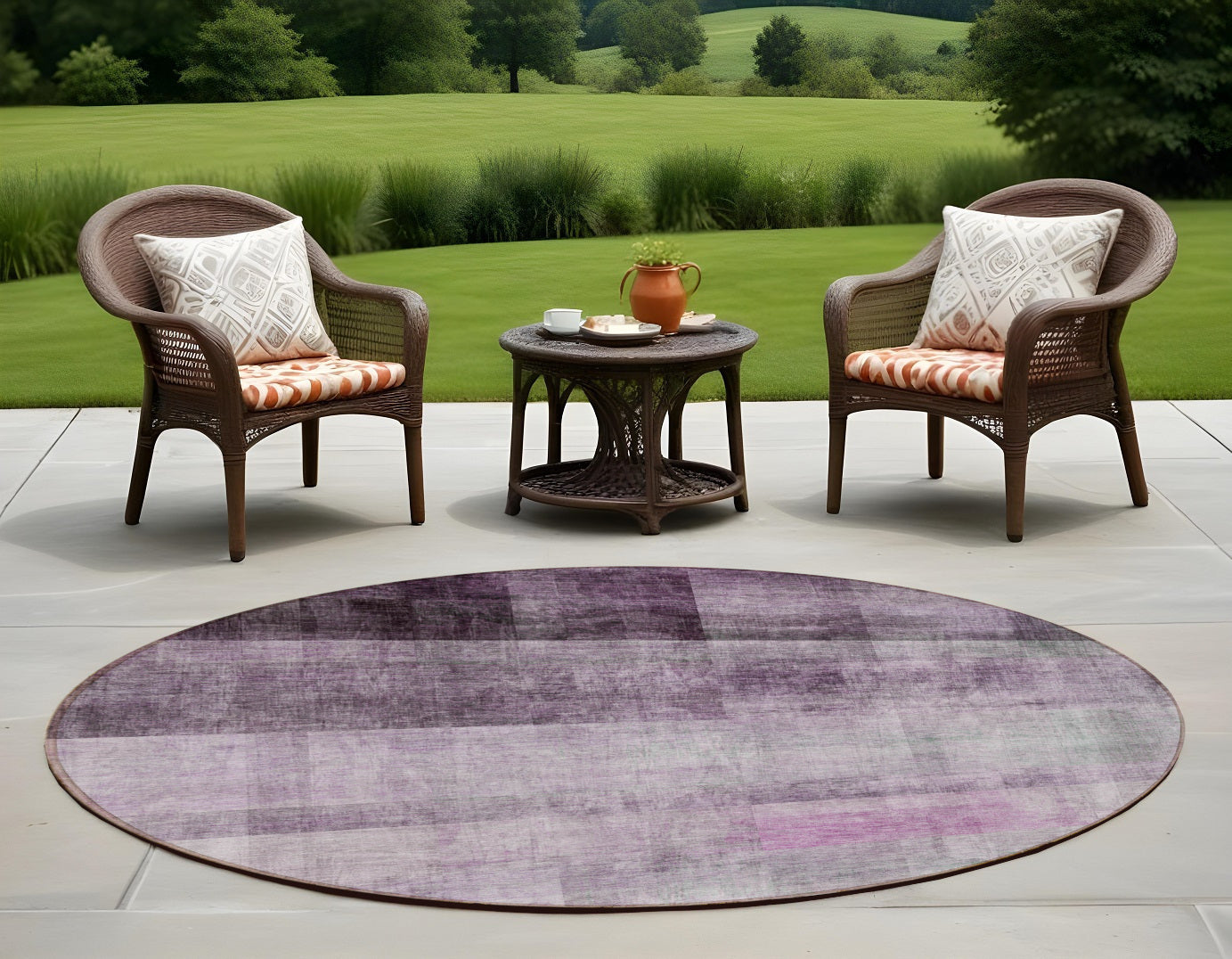 8 Round Purple Round Ombre Washable Non Skid Indoor Outdoor Area Rug