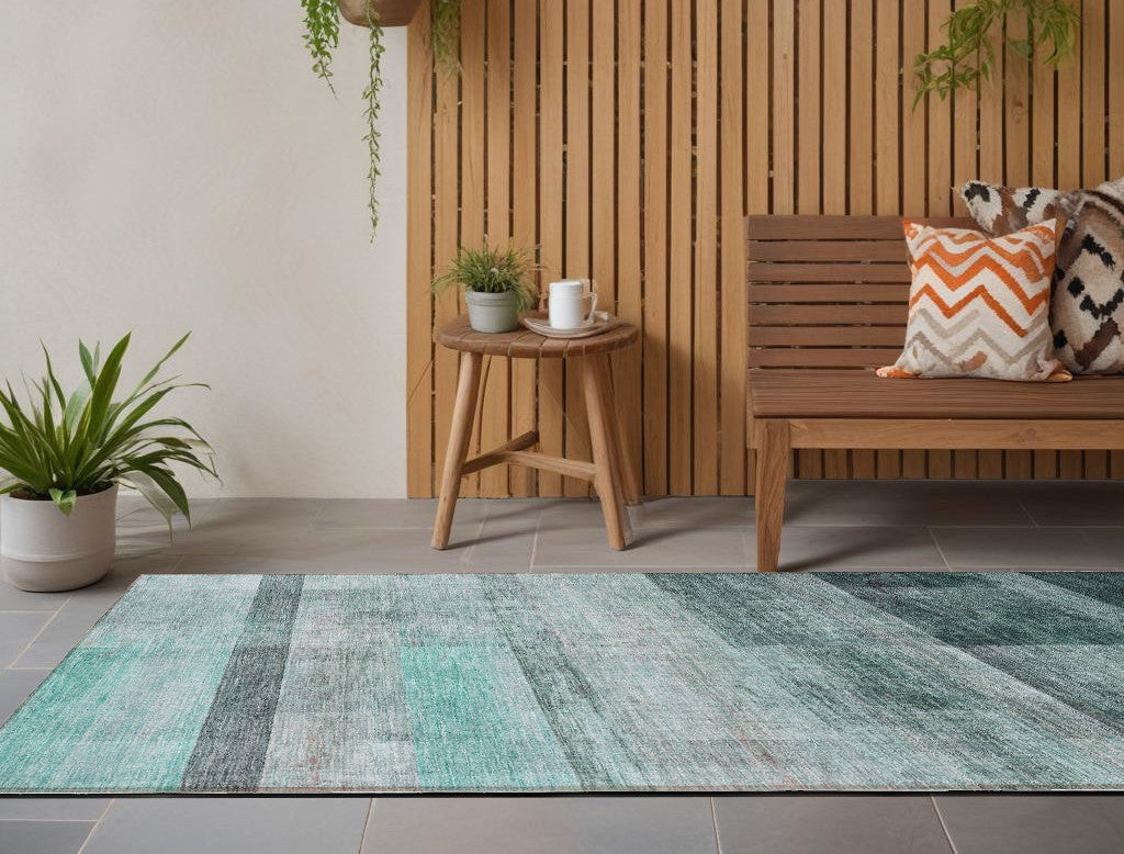 8 Runner Teal Ombre Washable Non Skid Indoor Outdoor Runner Rug