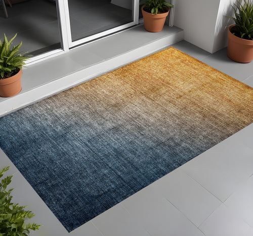 2 X 3 Denim and Gold Ombre Washable Non Skid Indoor Outdoor Area Rug