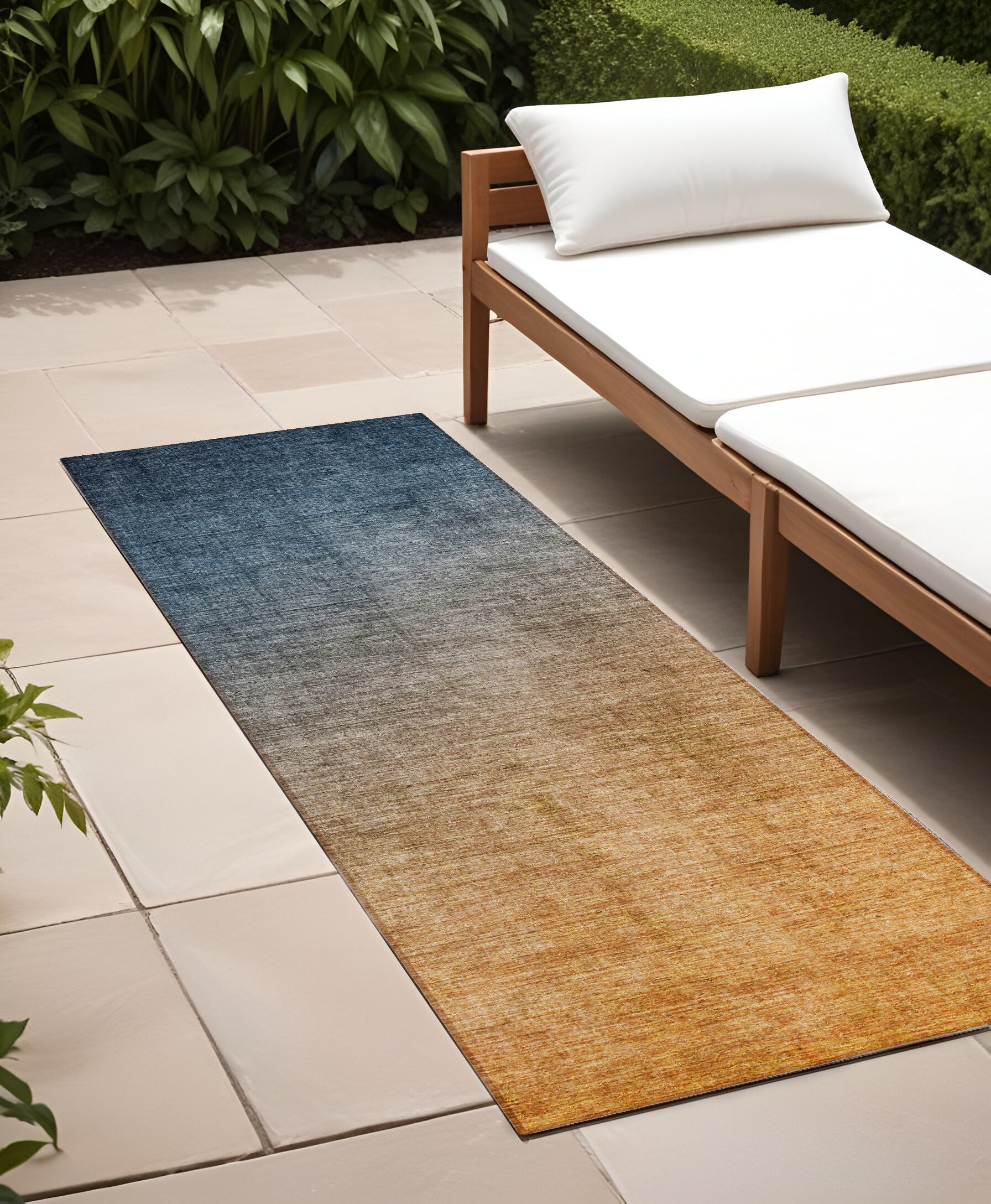 8 Runner Denim and Gold Ombre Washable Non Skid Indoor Outdoor Runner Rug