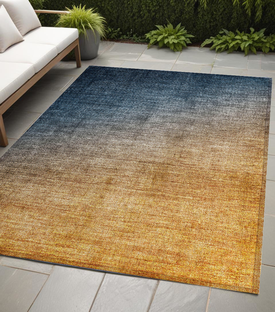 5 X 8 Denim and Gold Ombre Washable Non Skid Indoor Outdoor Area Rug