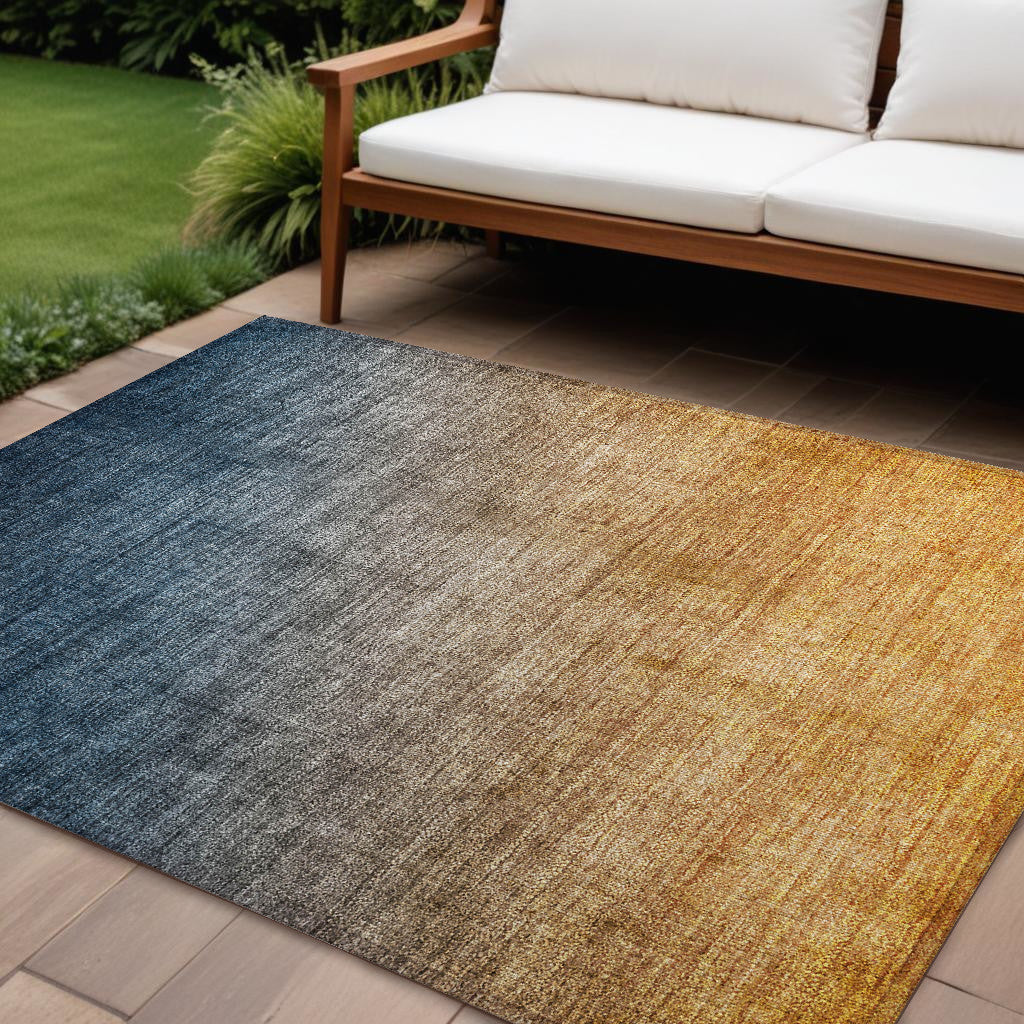 9 X 12 Denim and Gold Ombre Washable Non Skid Indoor Outdoor Area Rug