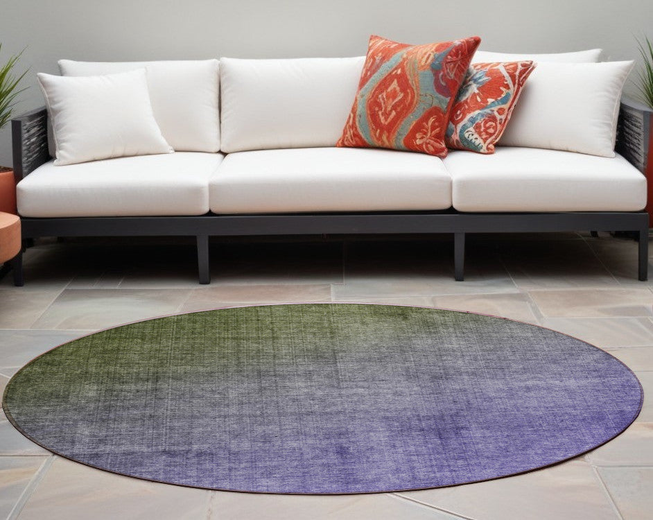 8 Round Olive Green and Purple Round Ombre Washable Non Skid Indoor Outdoor Area Rug
