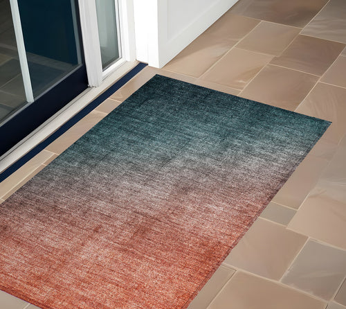 2 X 3 Gray and Red Orange Ombre Washable Non Skid Indoor Outdoor Area Rug