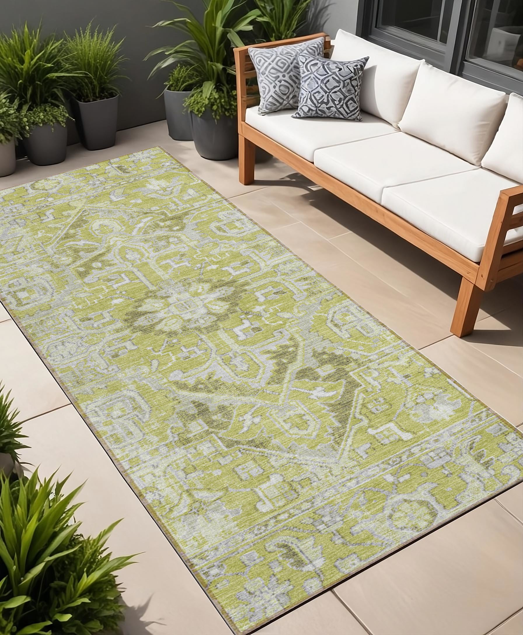 8 Runner Artichoke Green Oriental Washable Non Skid Indoor Outdoor Runner Rug