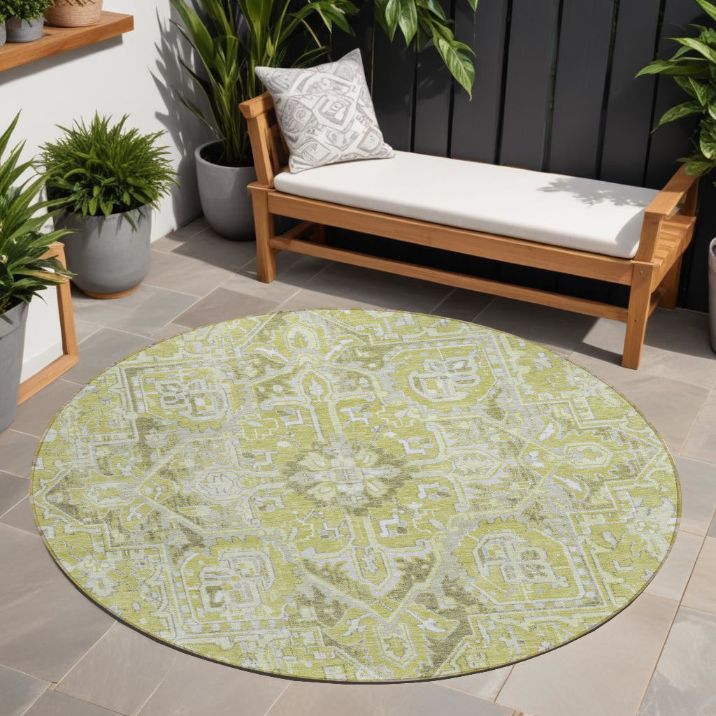 8 Round Artichoke Green Round Oriental Washable Non Skid Indoor Outdoor Area Rug