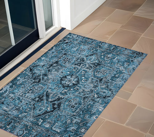 2 X 3 Denim and Gray Oriental Washable Non Skid Indoor Outdoor Area Rug