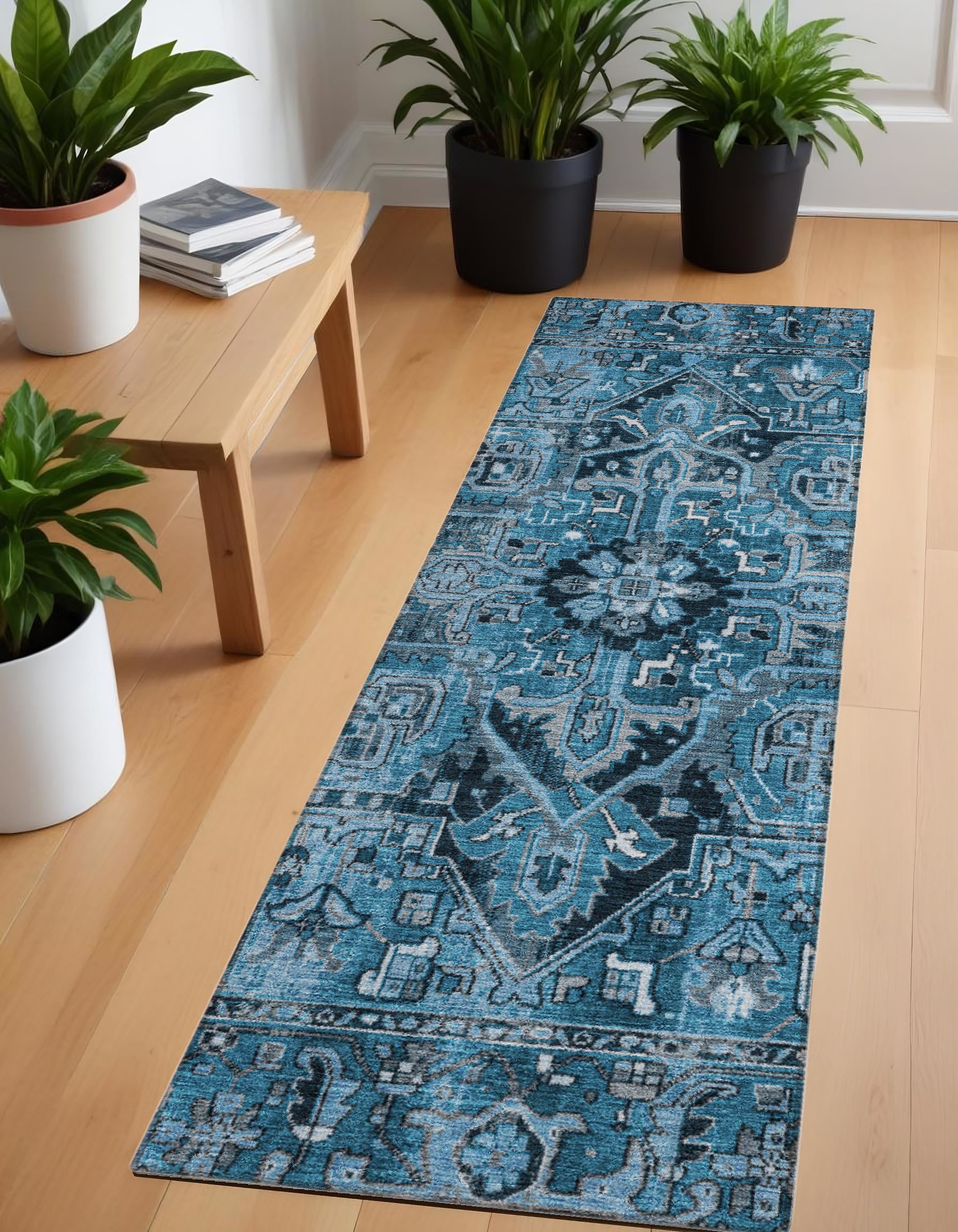 8 Runner Denim and Gray Oriental Washable Non Skid Indoor Outdoor Runner Rug