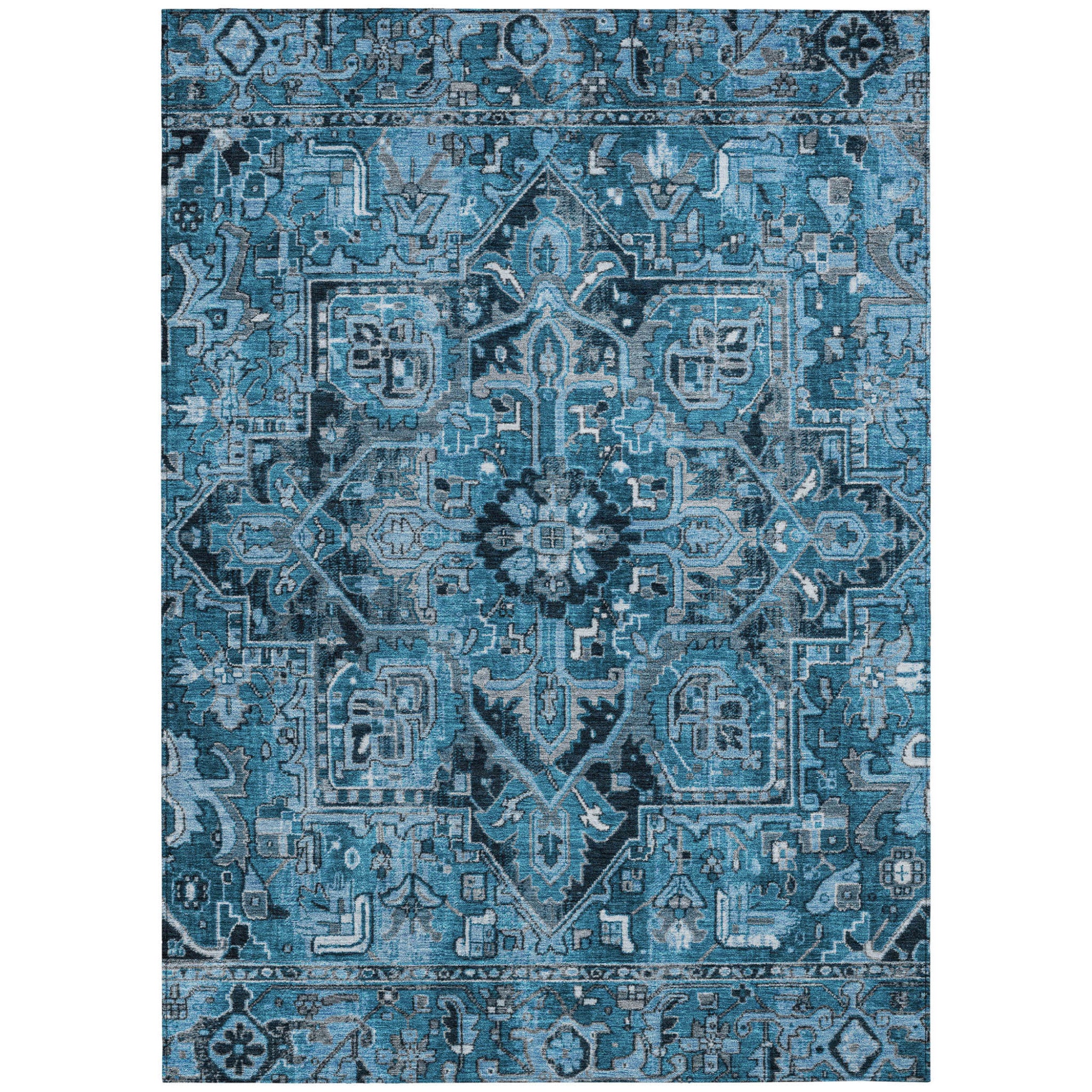 3 X 5 Denim and Gray Oriental Washable Non Skid Indoor Outdoor Area Rug