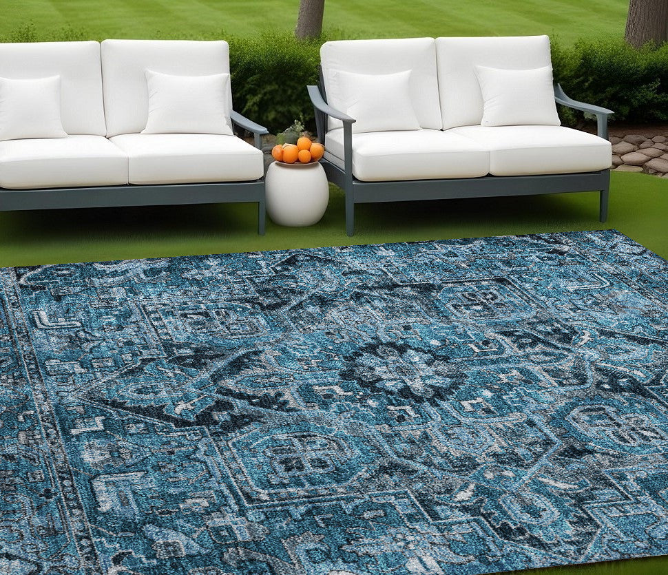 9 X 12 Denim and Gray Oriental Washable Non Skid Indoor Outdoor Area Rug