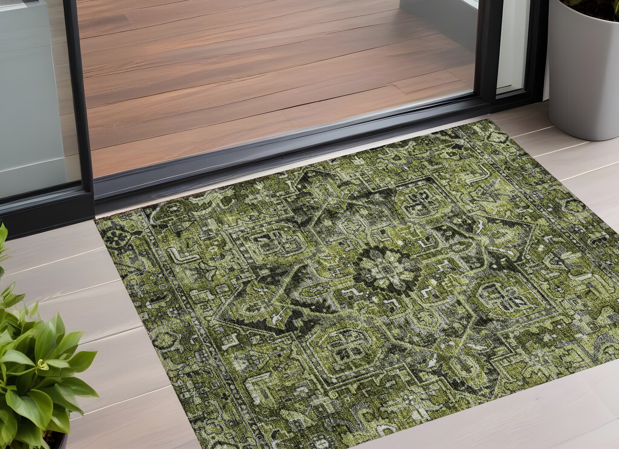 3 X 5 Olive Green and Dark Green Oriental Washable Non Skid Indoor Outdoor Area Rug