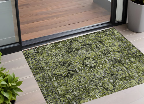 3 X 5 Olive Green and Dark Green Oriental Washable Non Skid Indoor Outdoor Area Rug