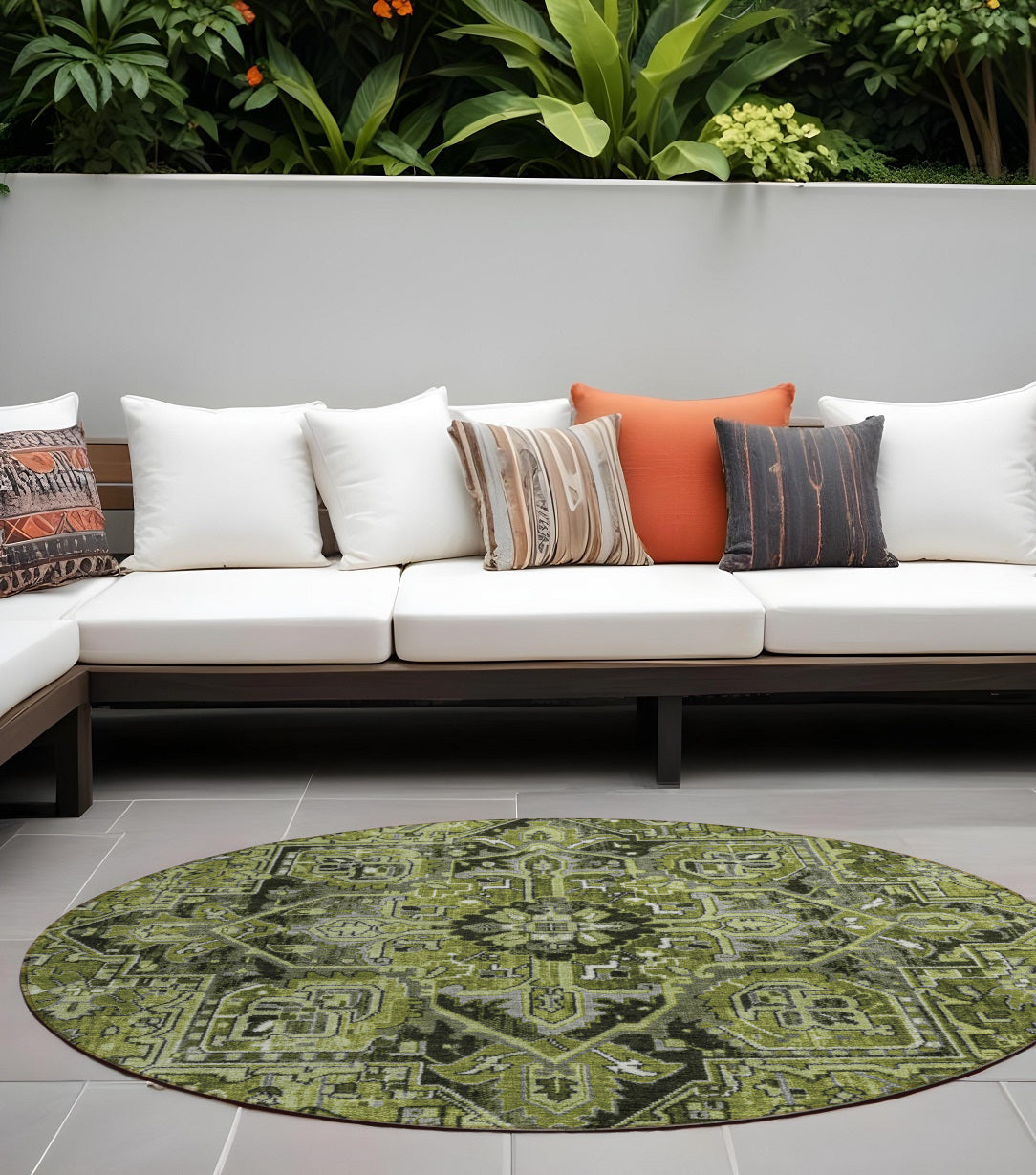 8 Round Olive Green and Dark Green Round Oriental Washable Non Skid Indoor Outdoor Area Rug