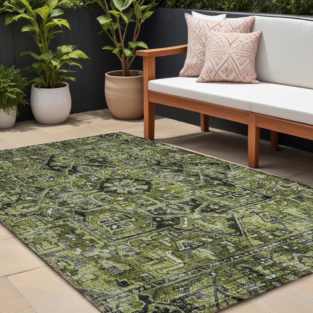 8 X 10 Olive Green and Dark Green Oriental Washable Non Skid Indoor Outdoor Area Rug
