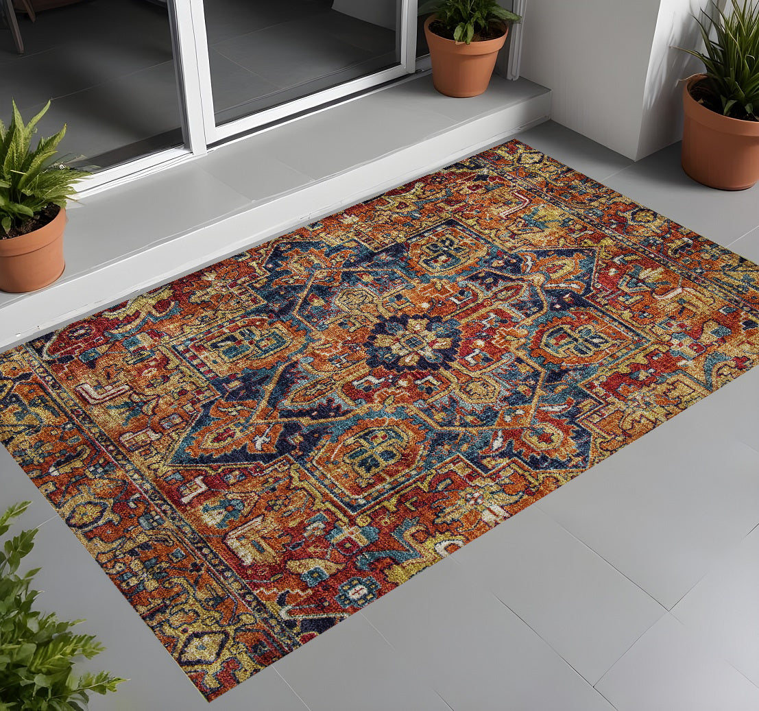 3 X 5 Red Orange and Blue Oriental Washable Non Skid Indoor Outdoor Area Rug