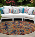 8 Round Red Orange and Blue Round Oriental Washable Non Skid Indoor Outdoor Area Rug