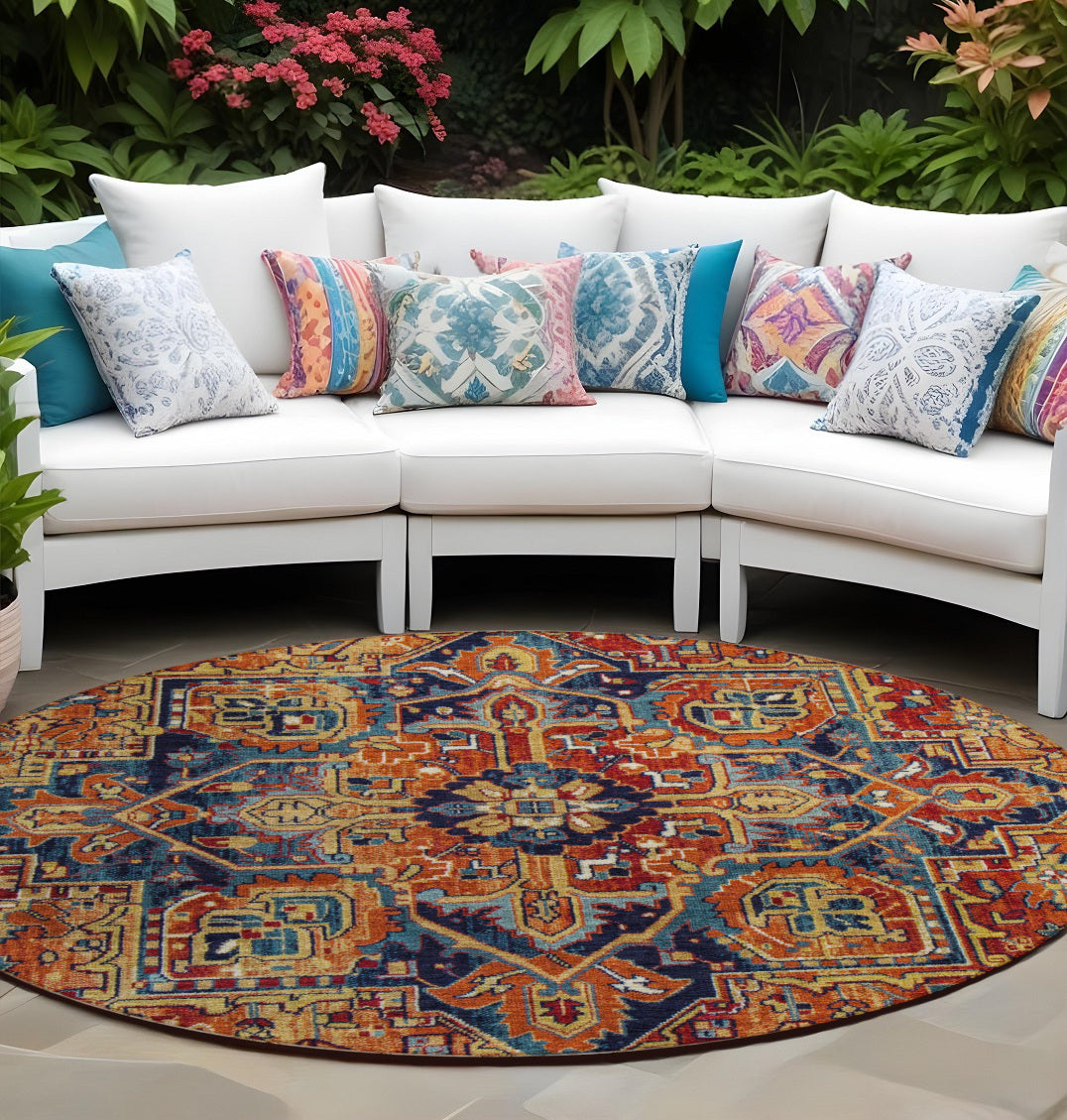 8 Round Red Orange and Blue Round Oriental Washable Non Skid Indoor Outdoor Area Rug