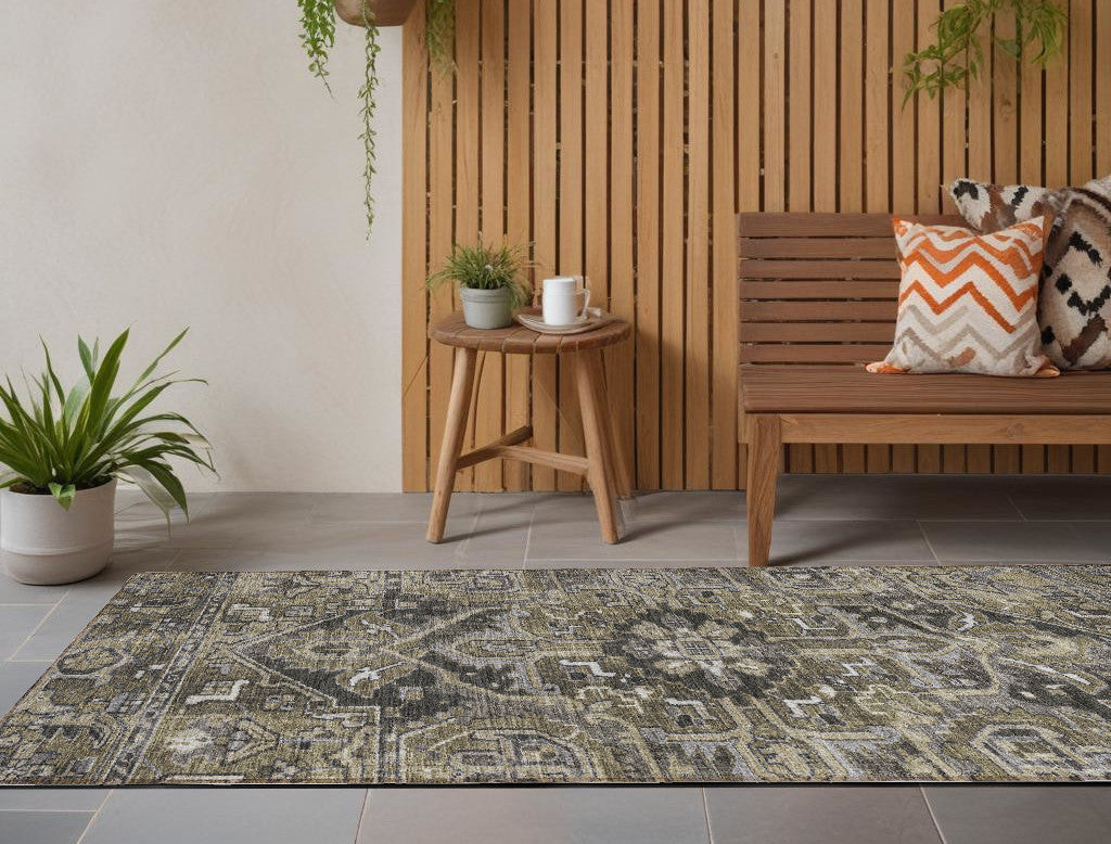 8 Runner Taupe and Dark Taupe Oriental Washable Non Skid Indoor Outdoor Runner Rug
