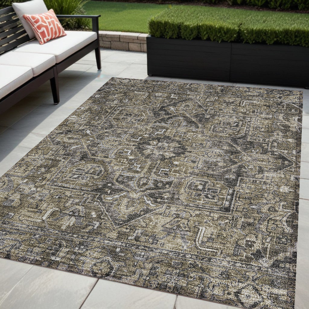 5 X 8 Taupe and Dark Taupe Oriental Washable Non Skid Indoor Outdoor Area Rug