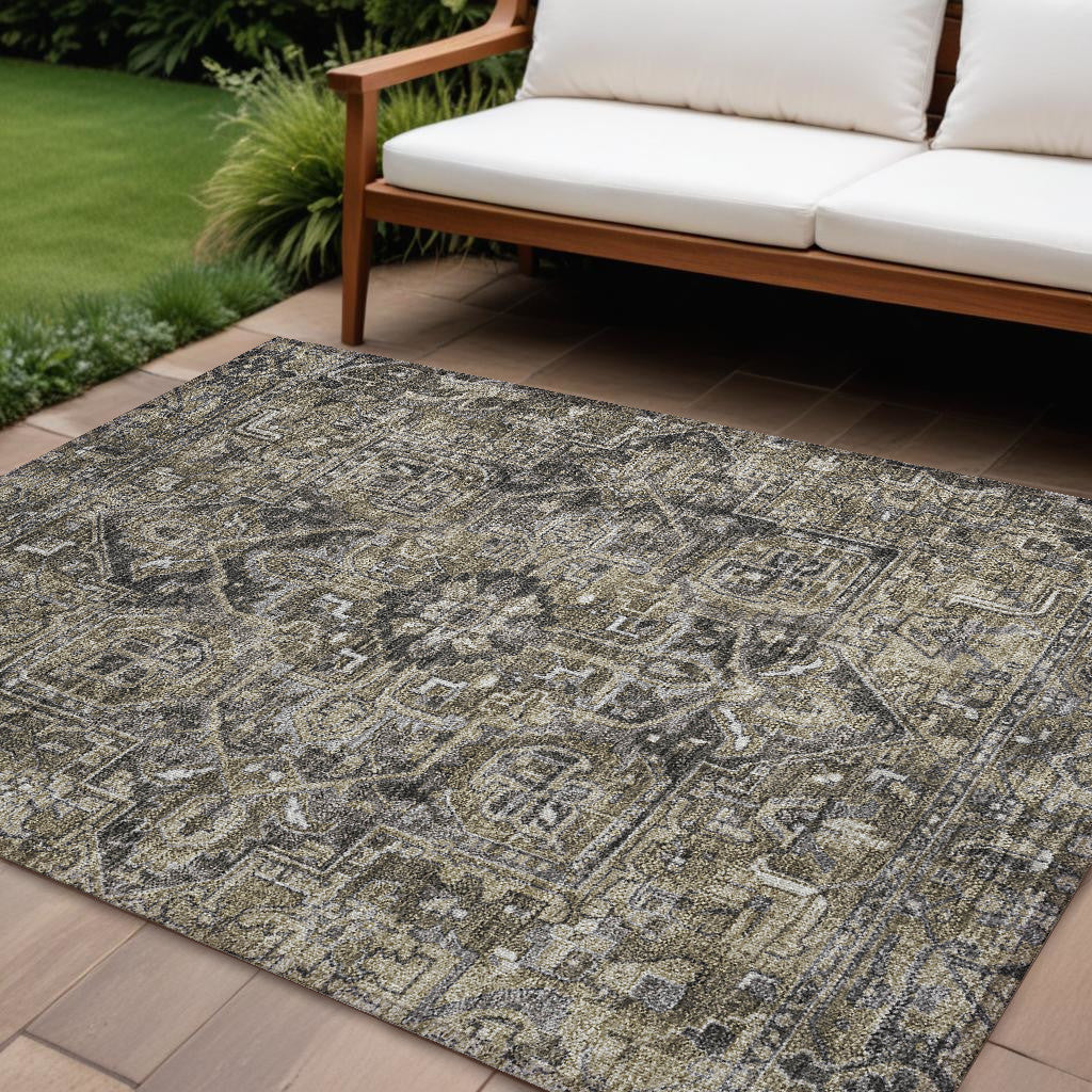 9 X 12 Taupe and Dark Taupe Oriental Washable Non Skid Indoor Outdoor Area Rug