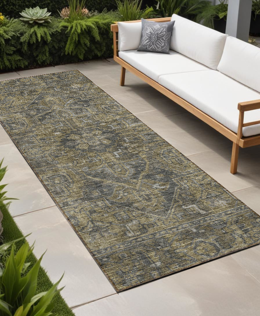 8 Runner Dark Moss Green and Gray Oriental Washable Non Skid Indoor Outdoor Runner Rug
