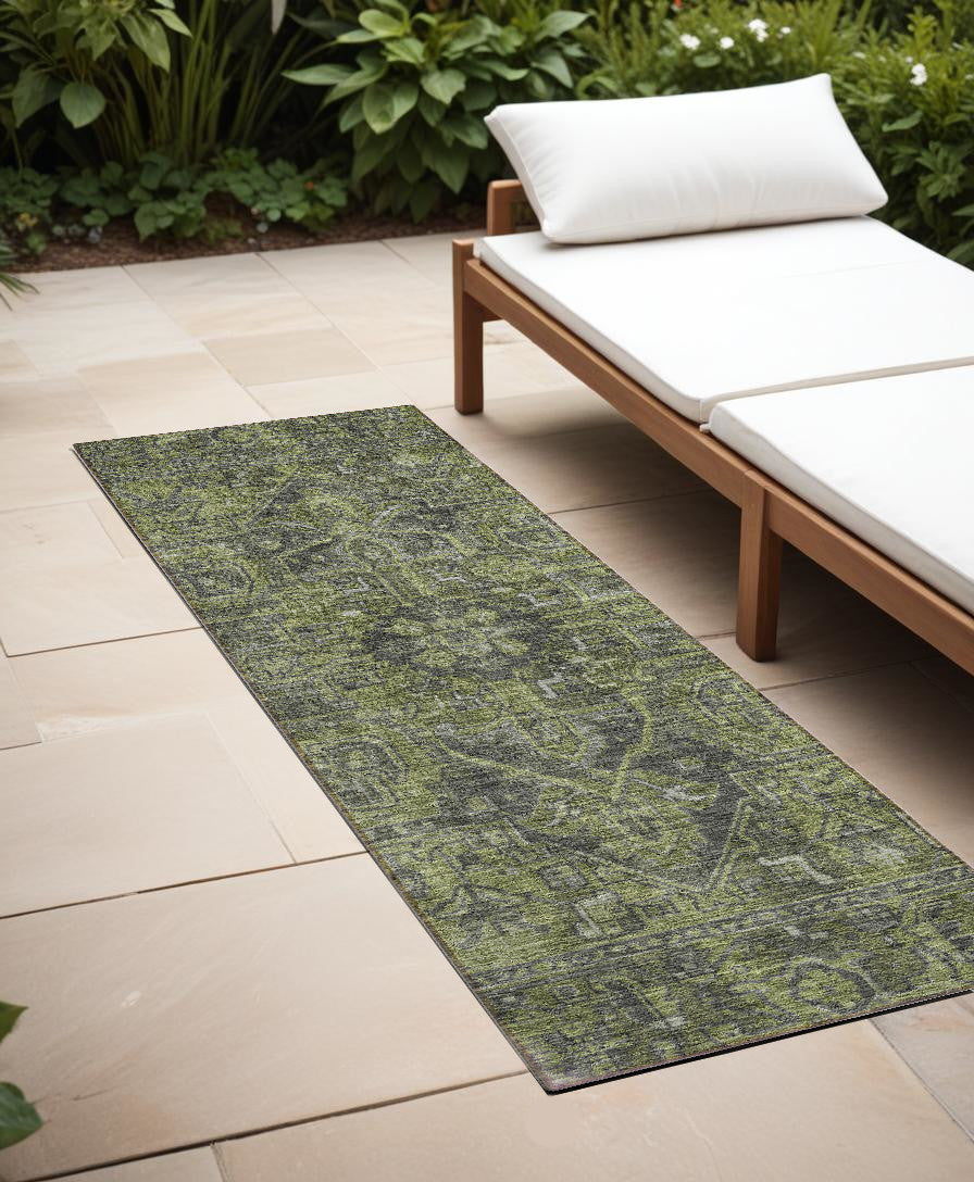 8 Runner Moss Green and Gray Oriental Washable Non Skid Indoor Outdoor Runner Rug