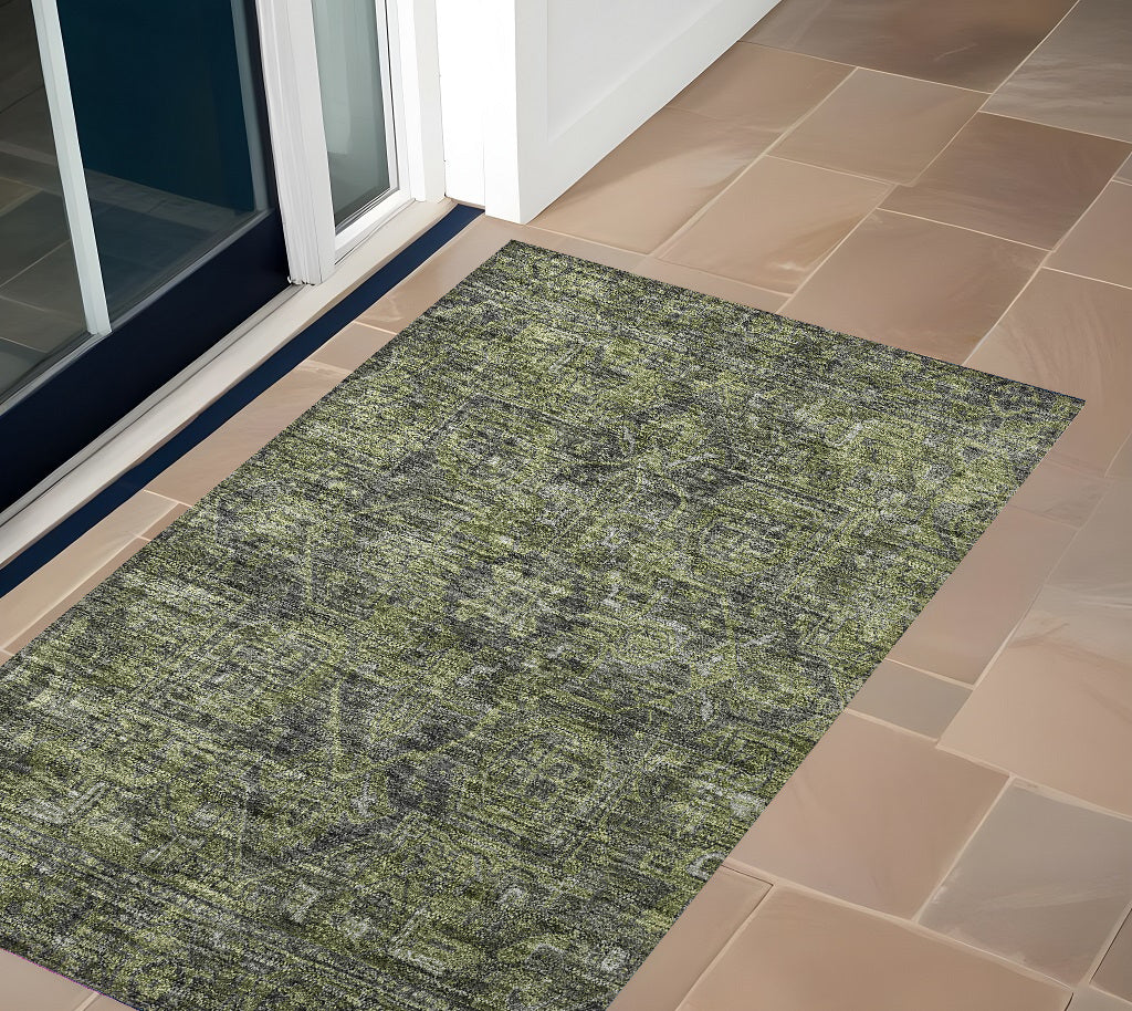 3 X 5 Moss Green and Gray Oriental Washable Non Skid Indoor Outdoor Area Rug
