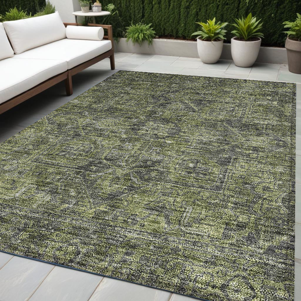 5 X 8 Moss Green and Gray Oriental Washable Non Skid Indoor Outdoor Area Rug