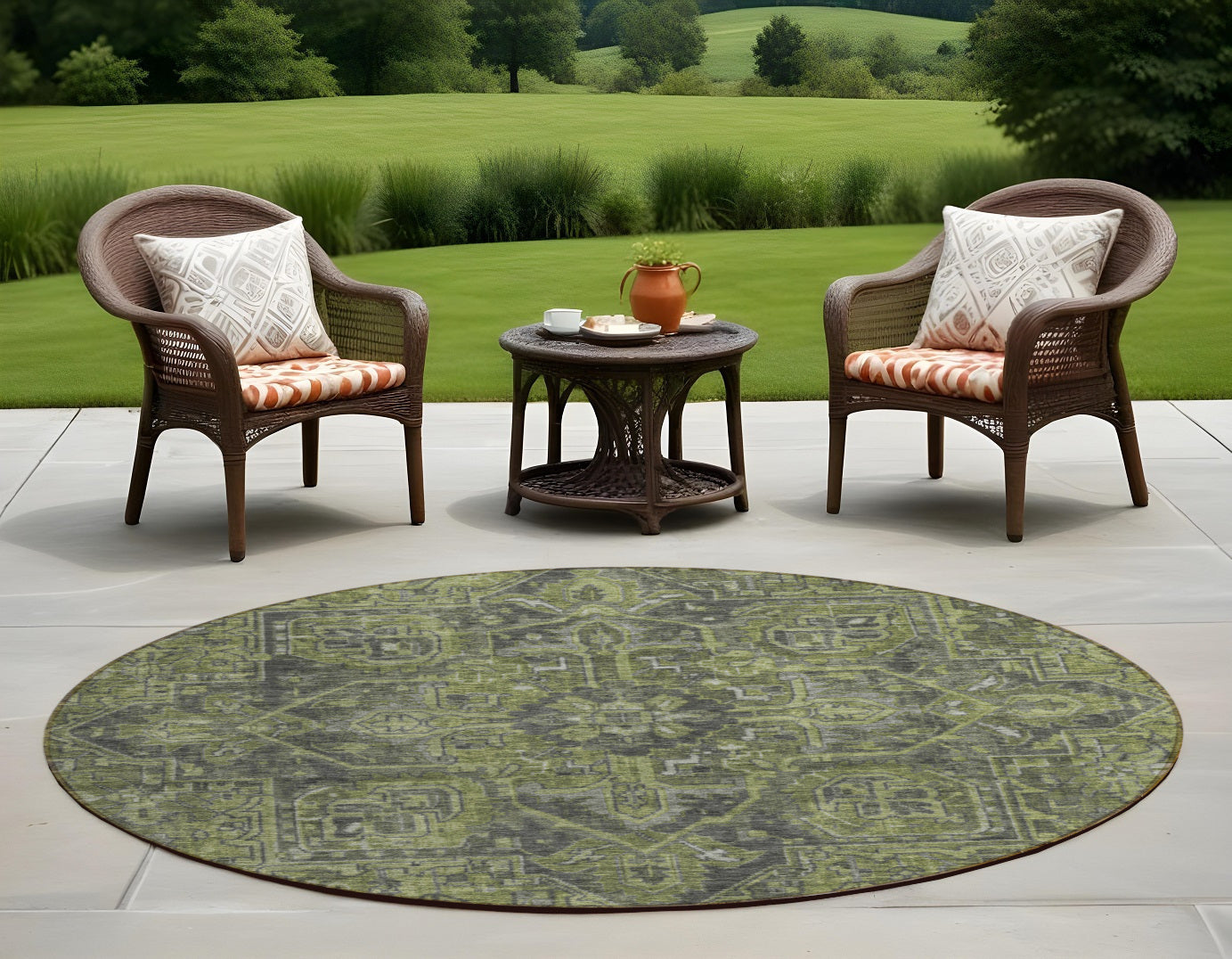8 Round Moss Green and Gray Round Oriental Washable Non Skid Indoor Outdoor Area Rug