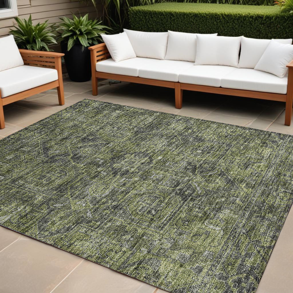 10 X 14 Moss Green and Gray Oriental Washable Non Skid Indoor Outdoor Area Rug