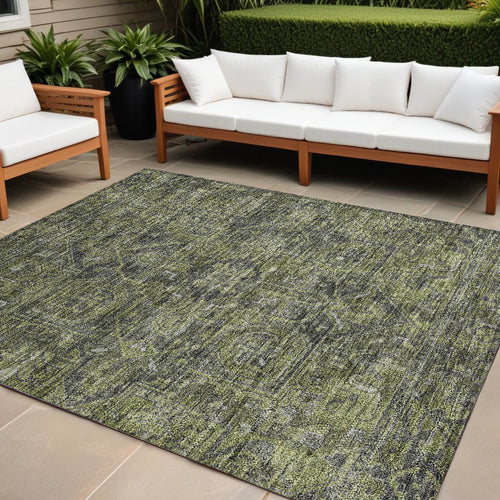 10 X 14 Moss Green and Gray Oriental Washable Non Skid Indoor Outdoor Area Rug