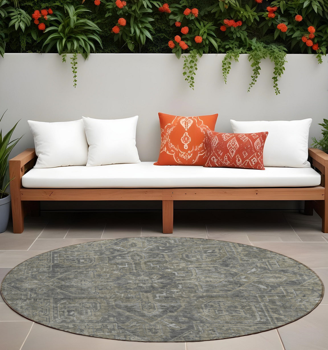 8 Round Brown and Black Round Oriental Washable Non Skid Indoor Outdoor Area Rug