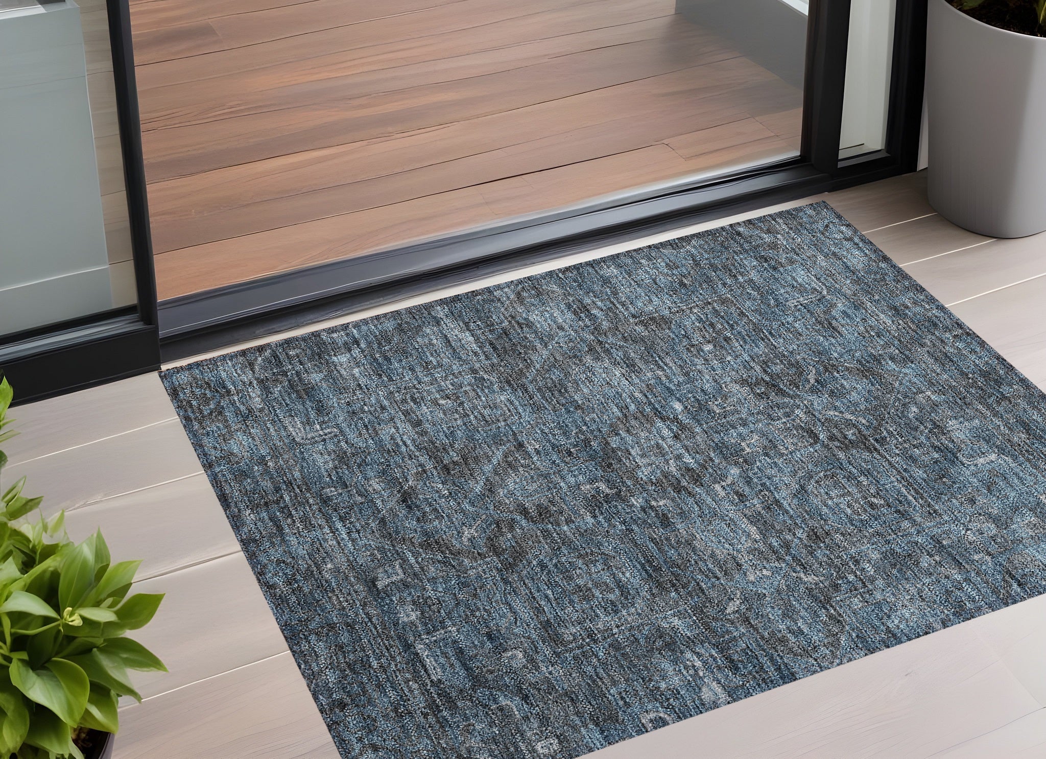 3 X 5 Navy and Black Oriental Washable Non Skid Indoor Outdoor Area Rug
