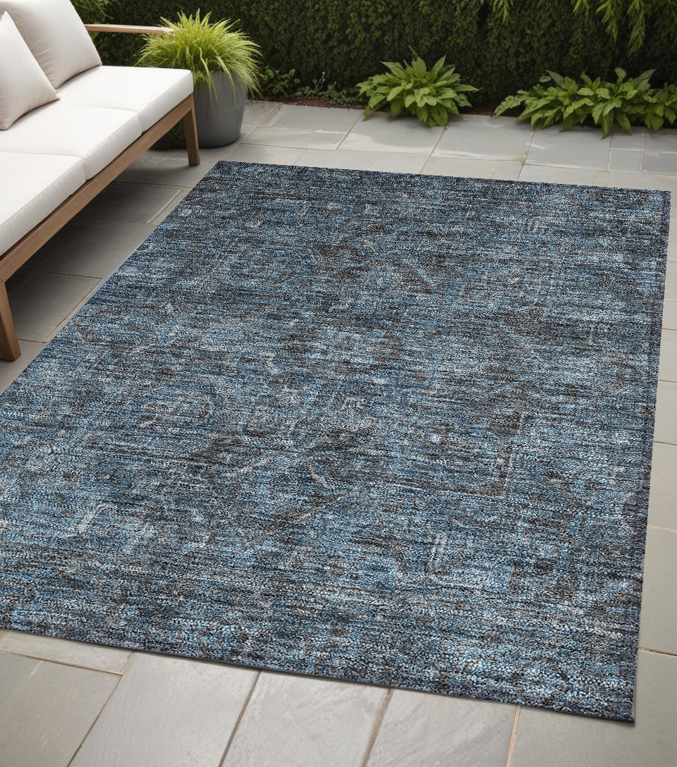 5 X 8 Navy and Black Oriental Washable Non Skid Indoor Outdoor Area Rug