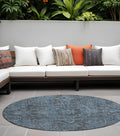 8 Round Navy and Black Round Oriental Washable Non Skid Indoor Outdoor Area Rug