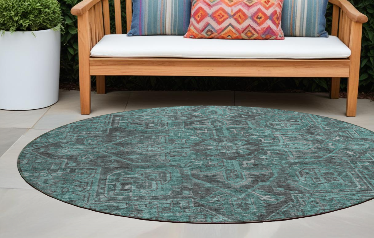 8 Round Turquoise Round Oriental Washable Non Skid Indoor Outdoor Area Rug