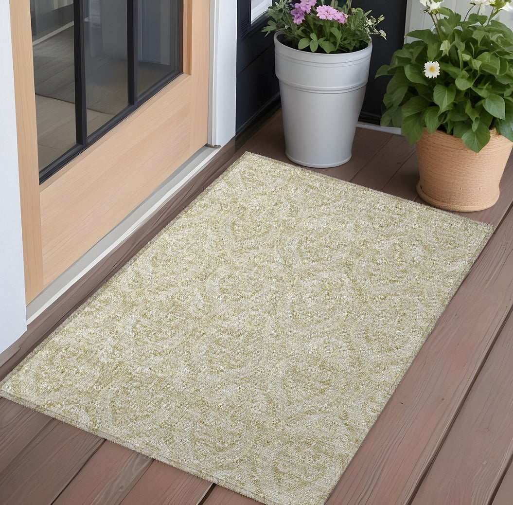 2 X 3 Light Green Damask Washable Non Skid Indoor Outdoor Area Rug
