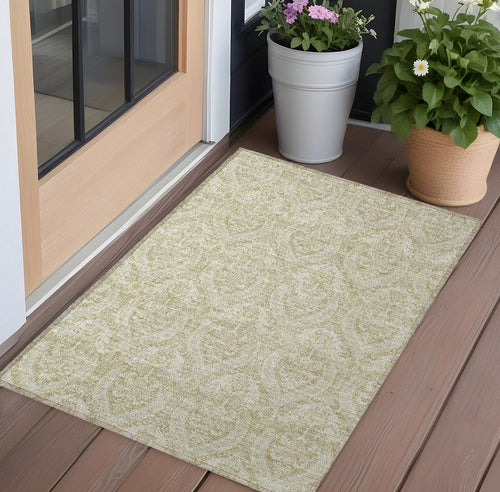 2 X 3 Light Green Damask Washable Non Skid Indoor Outdoor Area Rug