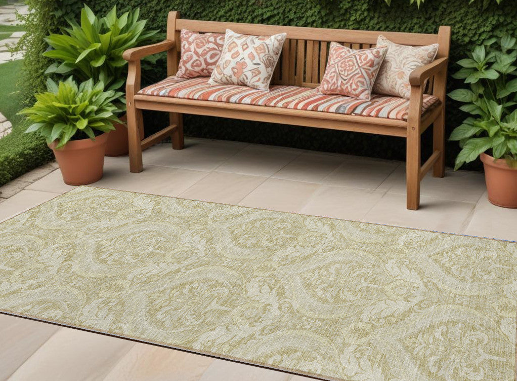 8 Runner Light Green Damask Washable Non Skid Indoor Outdoor Runner Rug