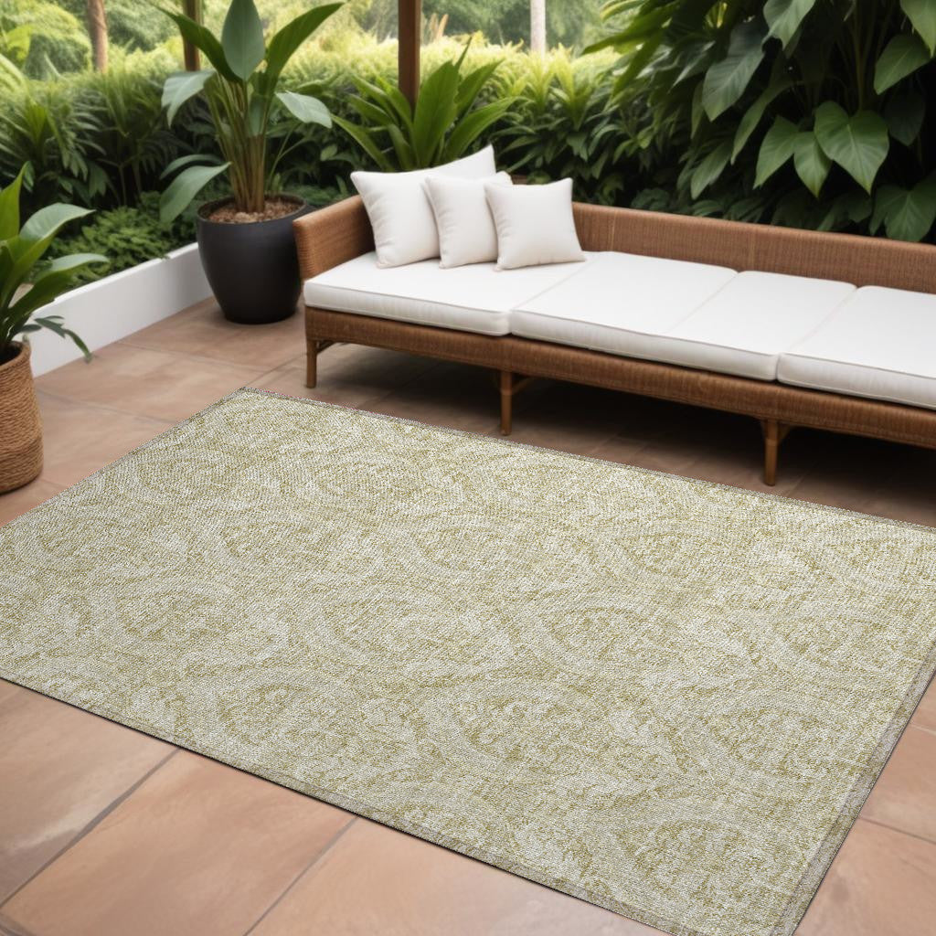 9 X 12 Light Green Damask Washable Non Skid Indoor Outdoor Area Rug