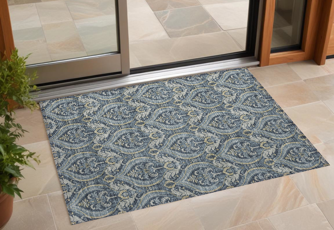 2 X 3 Blue and Cream Damask Washable Non Skid Indoor Outdoor Area Rug