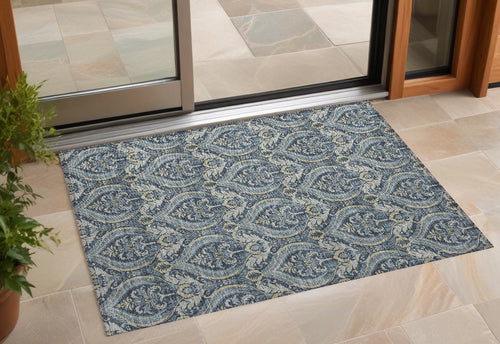 2 X 3 Blue and Cream Damask Washable Non Skid Indoor Outdoor Area Rug