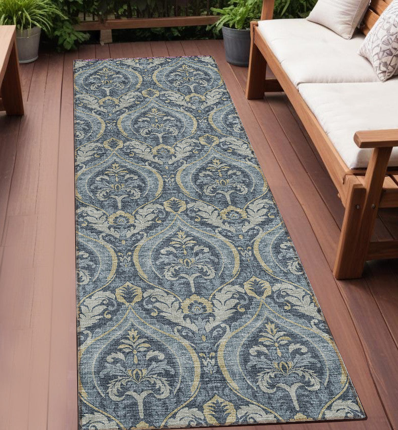 8 Runner Blue and Cream Damask Washable Non Skid Indoor Outdoor Runner Rug