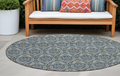 8 Round Blue and Cream Round Damask Washable Non Skid Indoor Outdoor Area Rug
