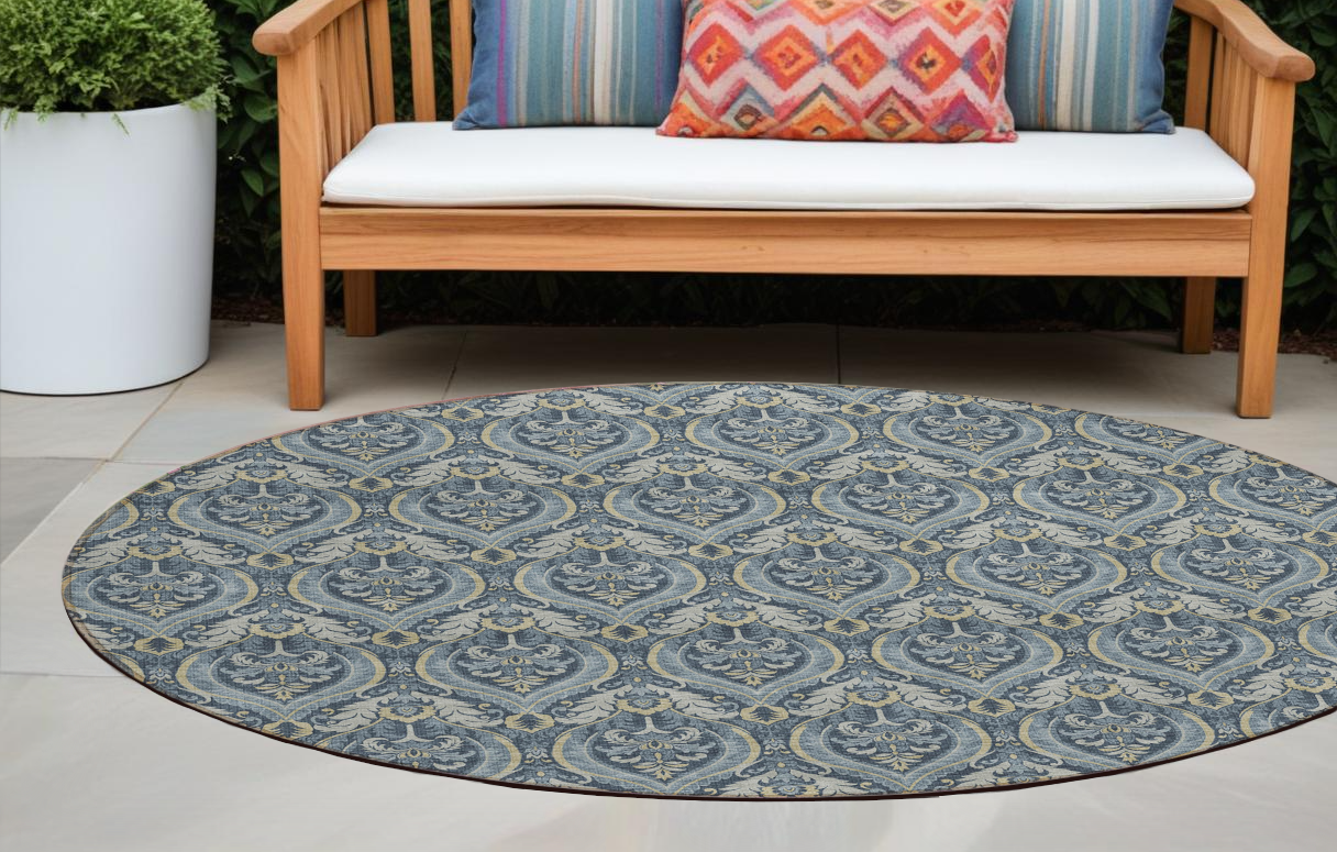 8 Round Blue and Cream Round Damask Washable Non Skid Indoor Outdoor Area Rug